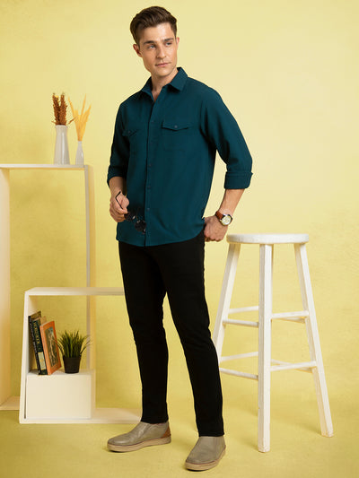 Men's Blue Solid Textured Spread Collar Full Sleeves Casual Shirt