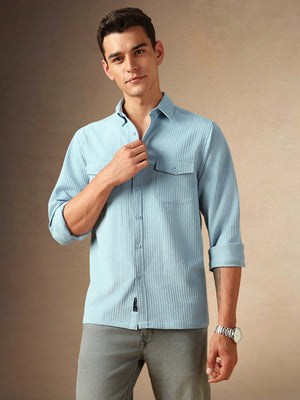 Men's Light Blue Textured Spread Collar Full Sleeves Casual Shirt