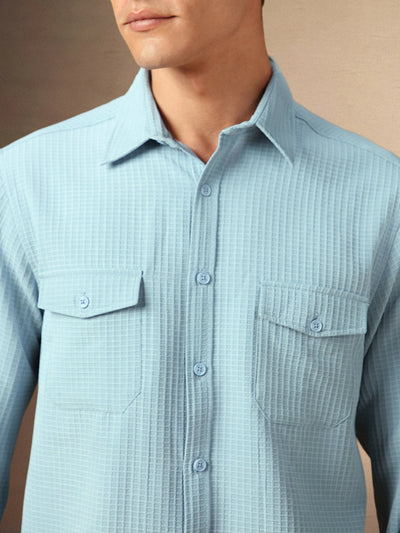 Men's Light Blue Textured Spread Collar Full Sleeves Casual Shirt