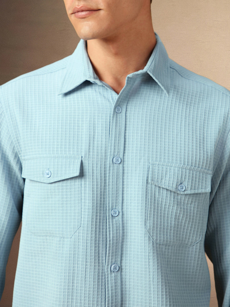 Men's Light Blue Textured Spread Collar Full Sleeves Casual Shirt