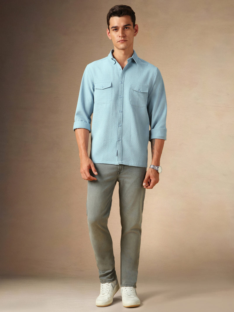 Men's Light Blue Textured Spread Collar Full Sleeves Casual Shirt