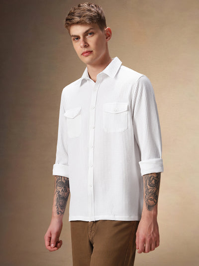 Men's White Solid Textured Spread Collar Full Sleeves Casual Shirt