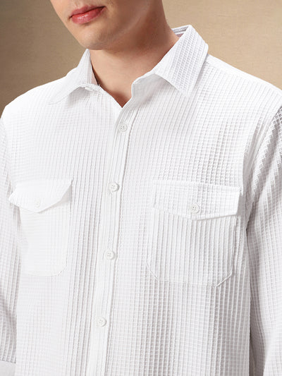 Men's White Solid Textured Spread Collar Full Sleeves Casual Shirt