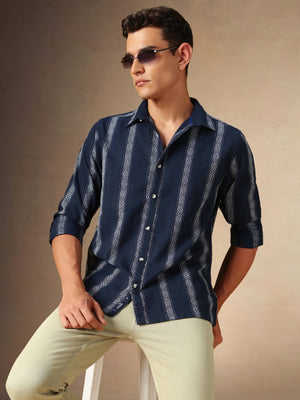 Men's Navy Striped Spread Collar Full Sleeves Casual Shirt