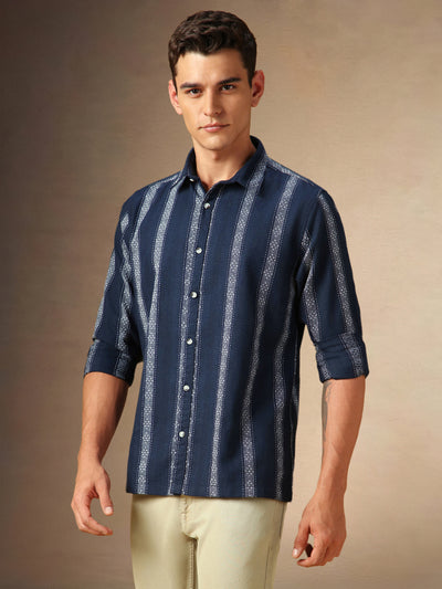 Men's Navy Striped Spread Collar Full Sleeves Casual Shirt