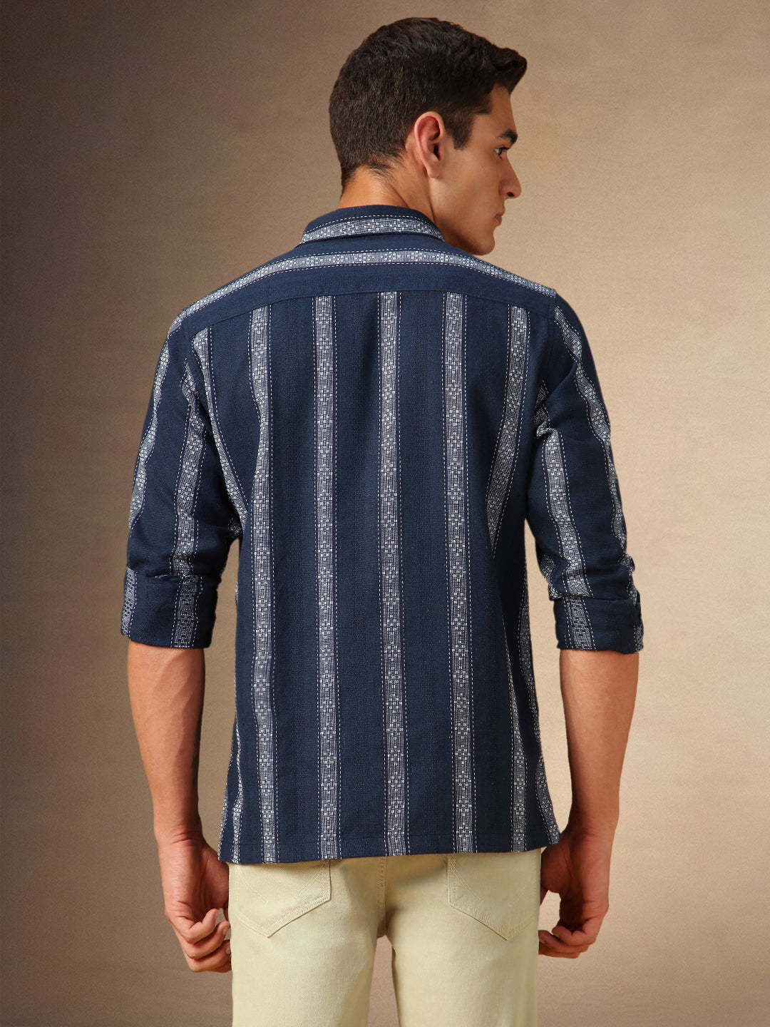 Men's Navy Striped Spread Collar Full Sleeves Casual Shirt