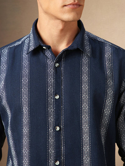 Men's Navy Striped Spread Collar Full Sleeves Casual Shirt