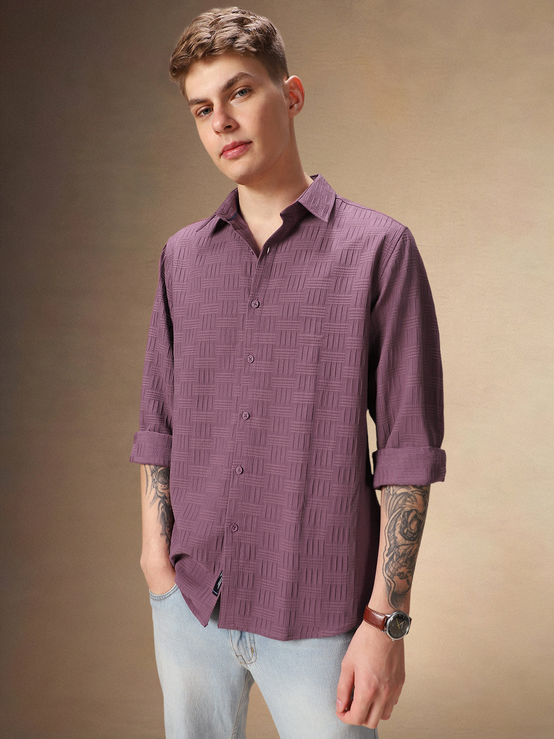 Men's Solid Purple Textured Full Sleeves Spread Collar Casual Shirt