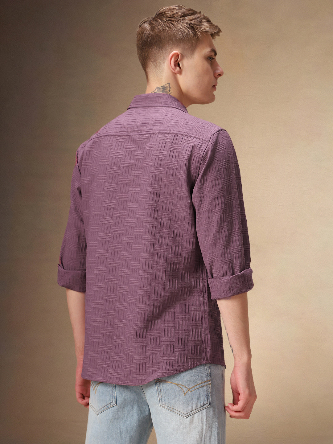 Men's Solid Purple Textured Full Sleeves Spread Collar Casual Shirt