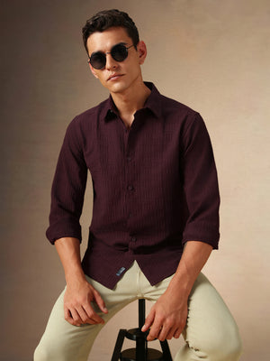 Men's Maroon Textured Spread Collar Full Sleeves Casual Shirt