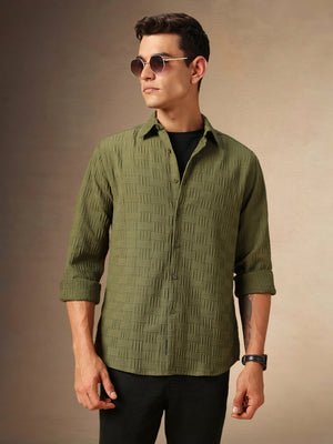 Men's Olive Textured Spread Collar Full Sleeves Casual Shirt