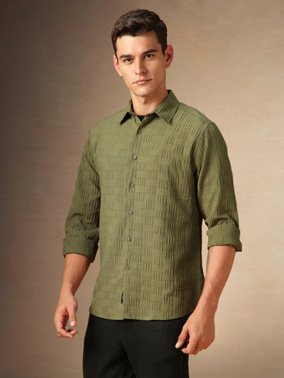 Men's Olive Textured Spread Collar Full Sleeves Casual Shirt