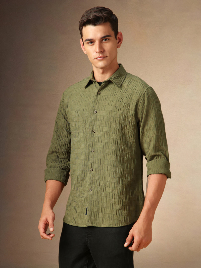 Men's Olive Textured Spread Collar Full Sleeves Casual Shirt