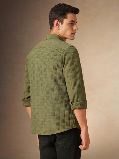 Men's Olive Textured Spread Collar Full Sleeves Casual Shirt