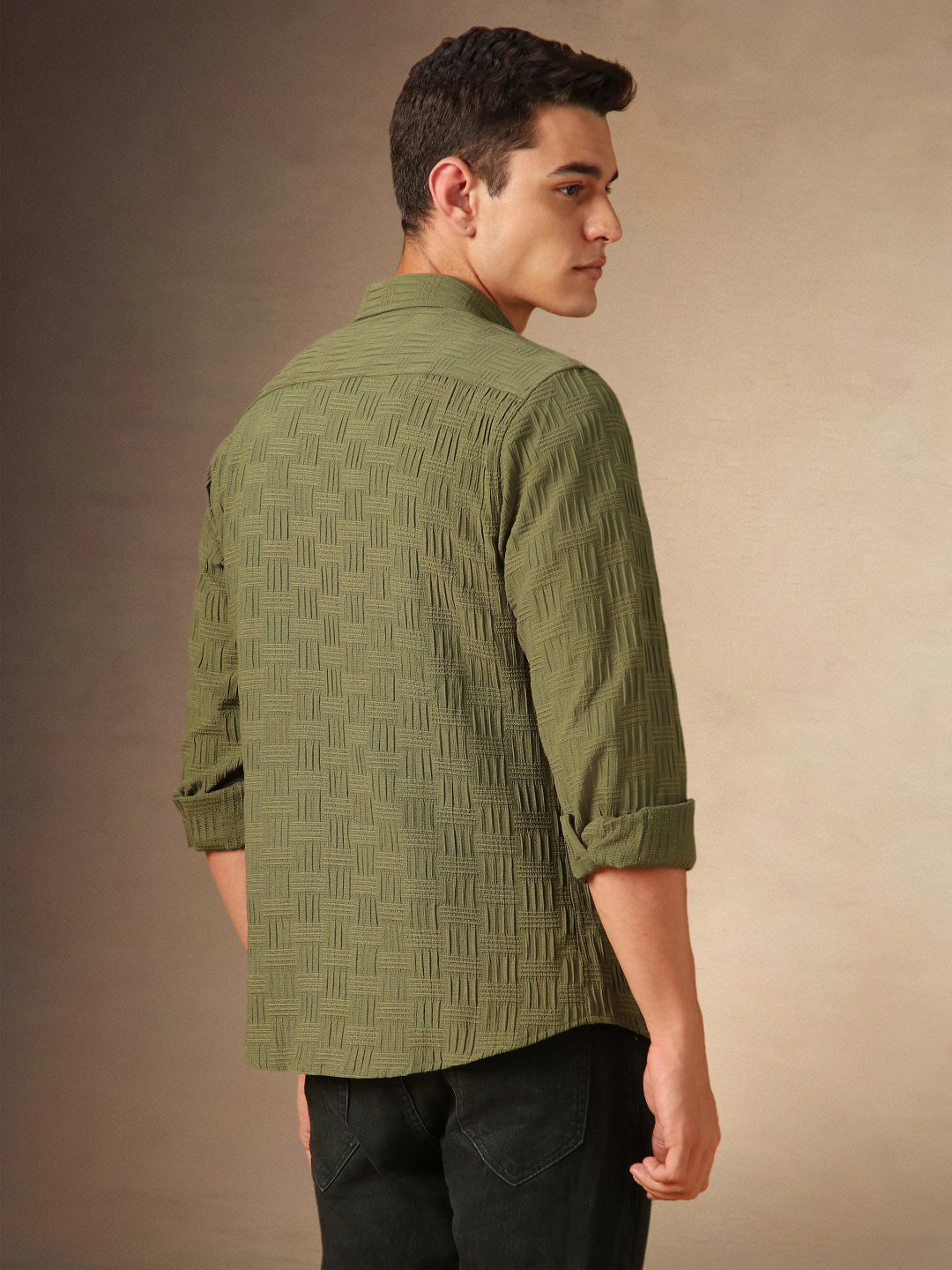 Men's Olive Textured Spread Collar Full Sleeves Casual Shirt