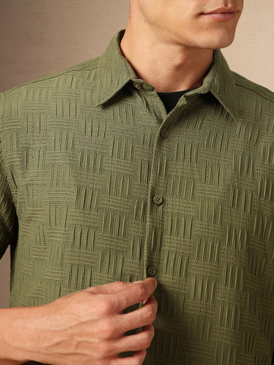 Men's Olive Textured Spread Collar Full Sleeves Casual Shirt