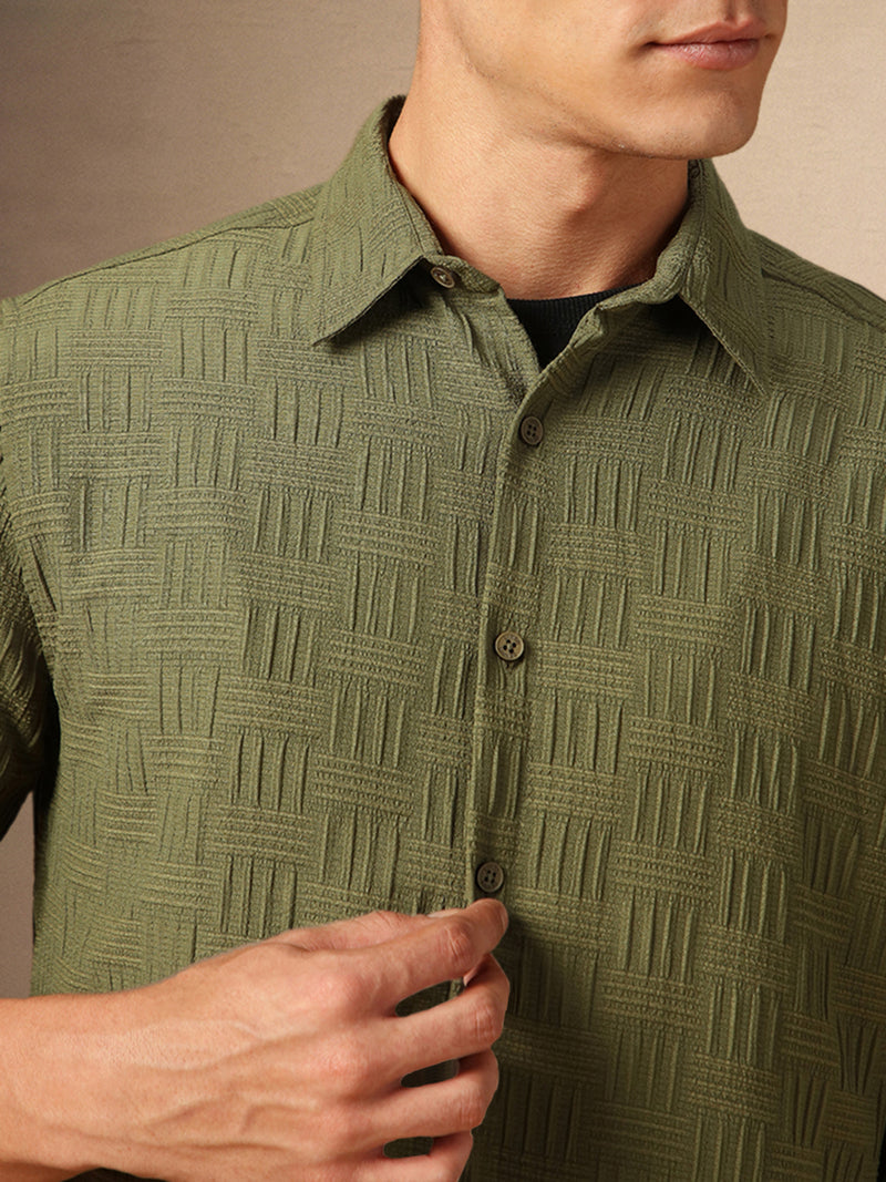 Men's Olive Textured Spread Collar Full Sleeves Casual Shirt
