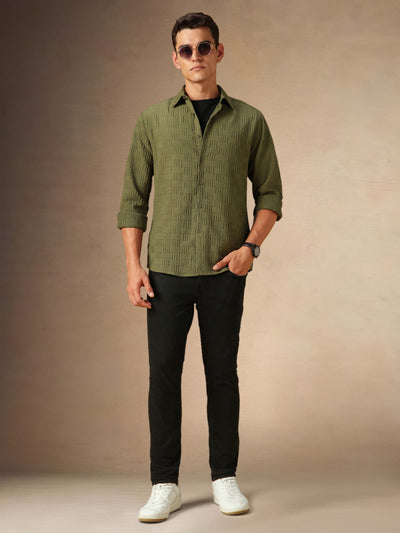 Men's Olive Textured Spread Collar Full Sleeves Casual Shirt