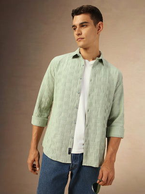 Men's Sage green Textured Full Sleeves Spread Collar Casual Shirt