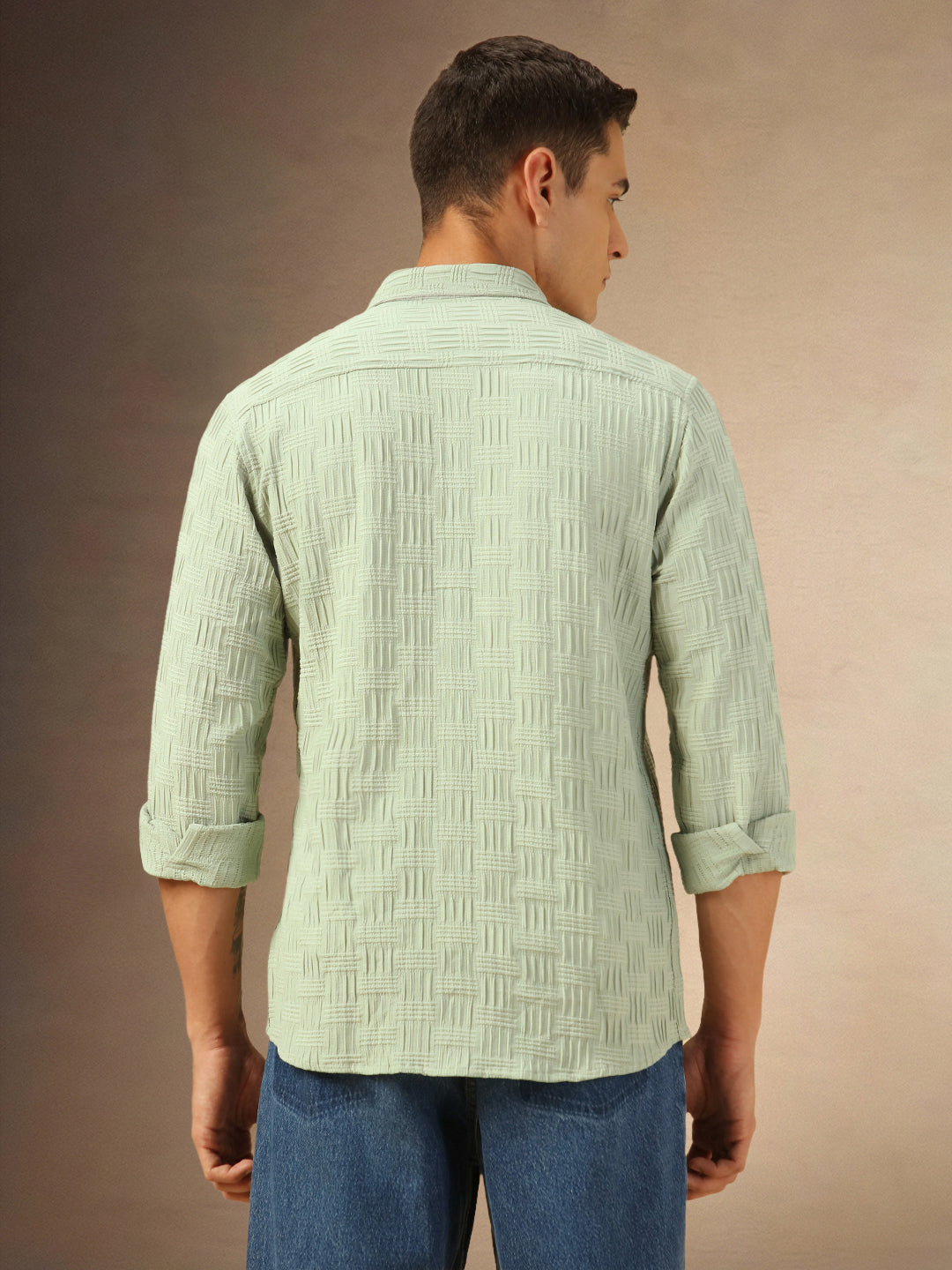 Men's Sage green Textured Full Sleeves Spread Collar Casual Shirt