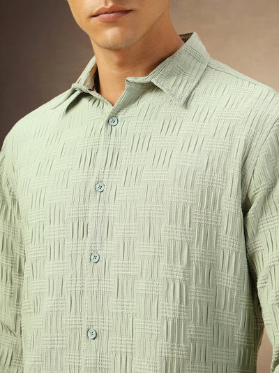 Men's Sage green Textured Full Sleeves Spread Collar Casual Shirt