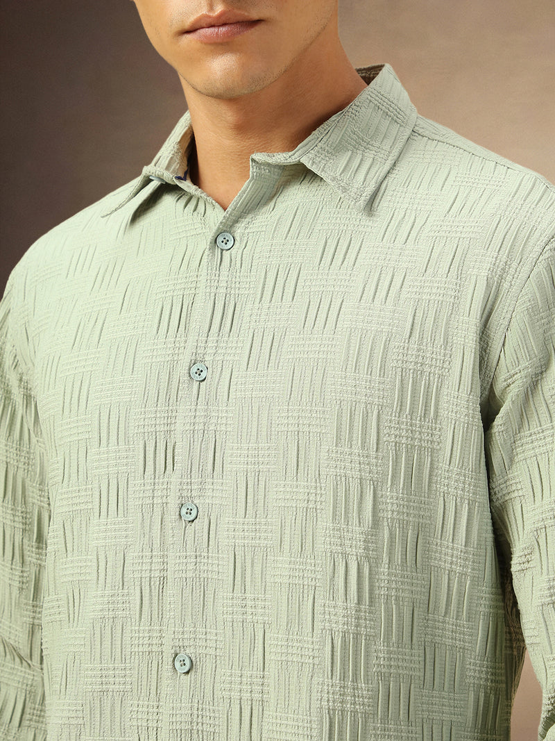 Men's Sage green Textured Full Sleeves Spread Collar Casual Shirt