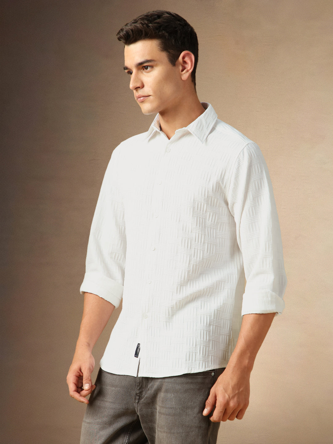 Men's White Textured Spread Collar Full Sleeves Casual Shirt