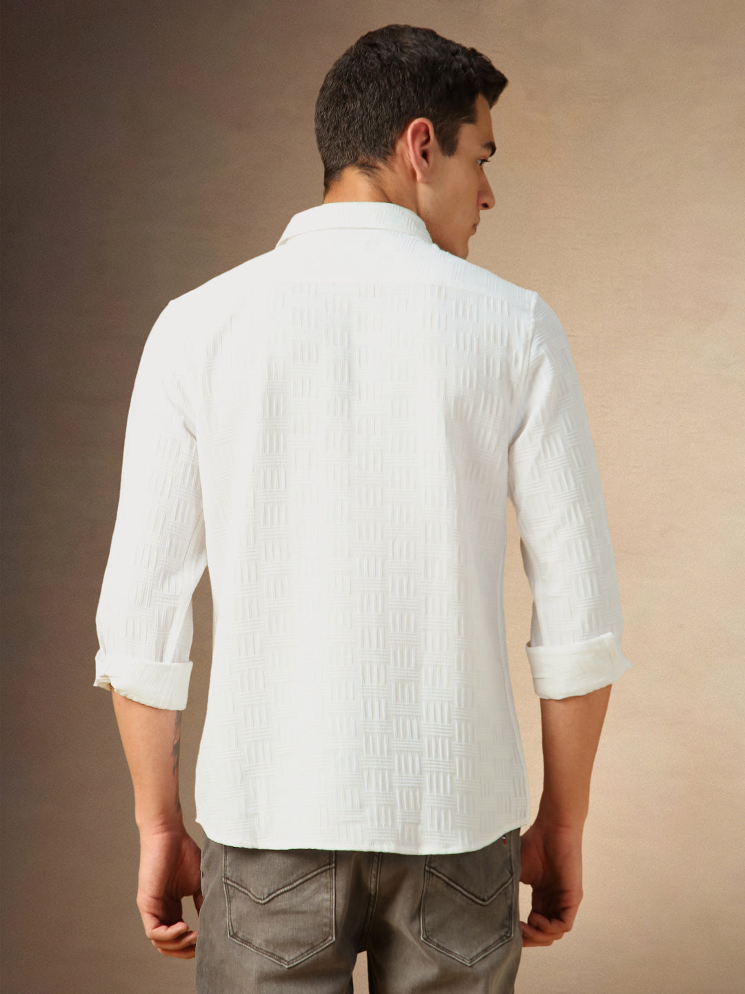 Men's White Textured Spread Collar Full Sleeves Casual Shirt