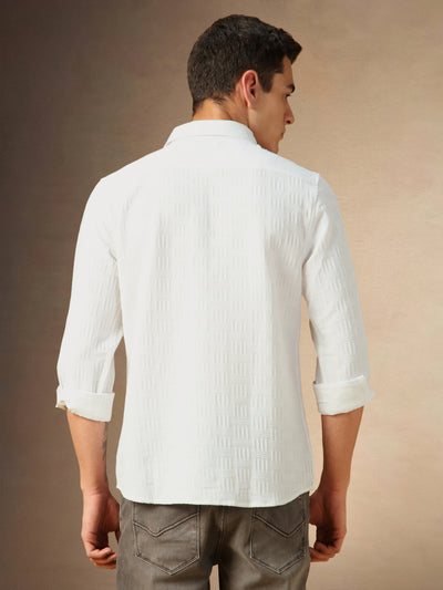 Men's White Textured Spread Collar Full Sleeves Casual Shirt