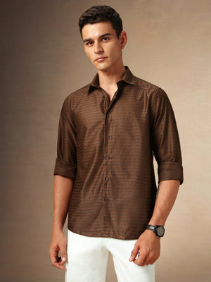 Men's Brown Textured Spread Collar Full Sleeves Casual Shirt