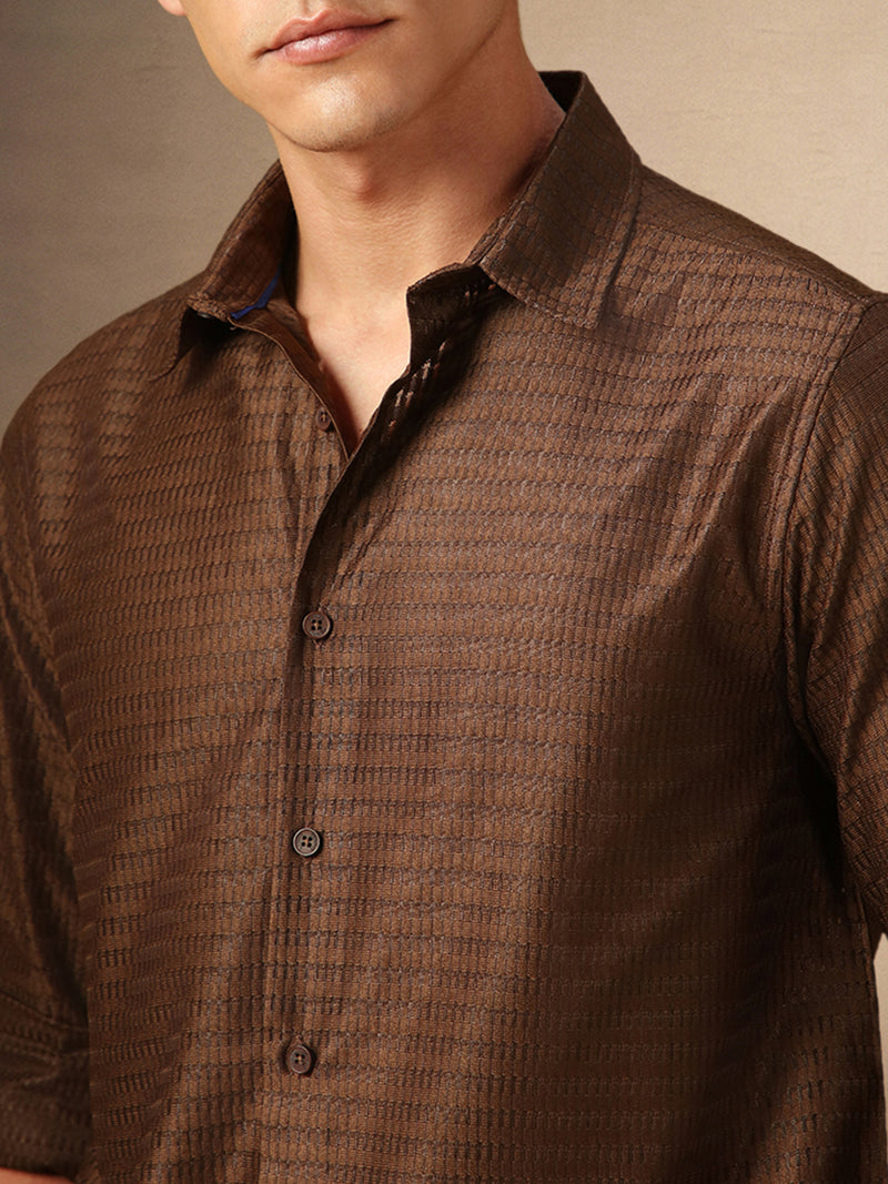 Men's Brown Textured Spread Collar Full Sleeves Casual Shirt