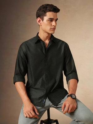 Men's Dark Grey Textured Spread Collar Full Sleeves Casual Shirt