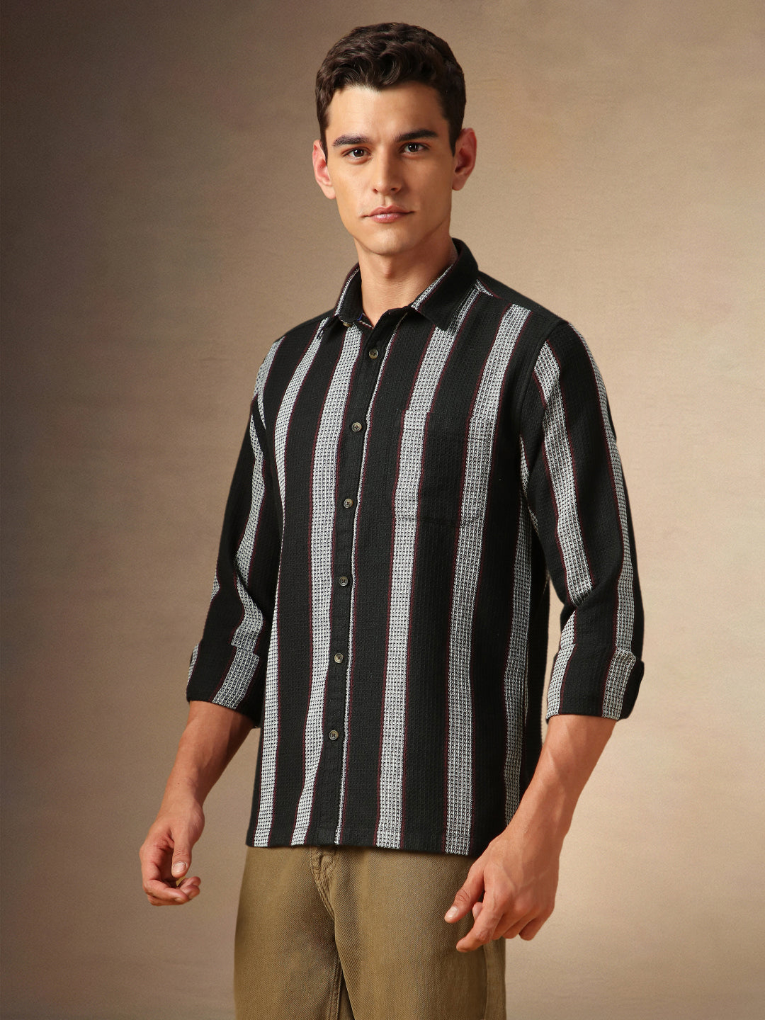 Men's White Striped Button Down collar Full Sleeves Casual Shirt