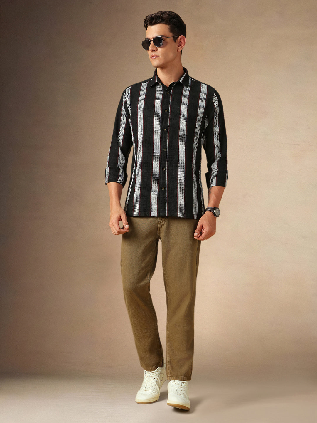 Men's White Striped Button Down collar Full Sleeves Casual Shirt