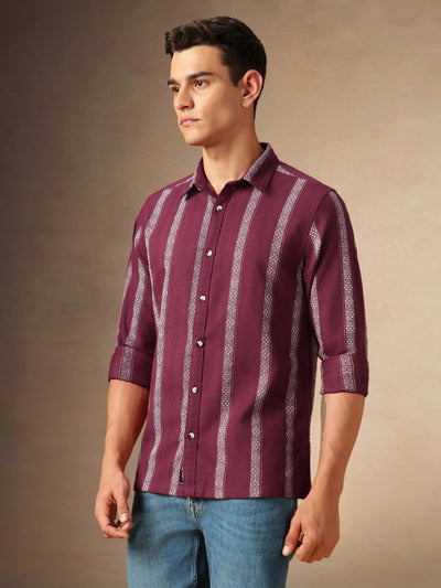 Men's Maroon Striped Spread Collar Full Sleeves Casual Shirt