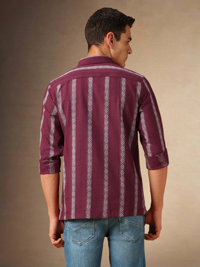 Men's Maroon Striped Spread Collar Full Sleeves Casual Shirt