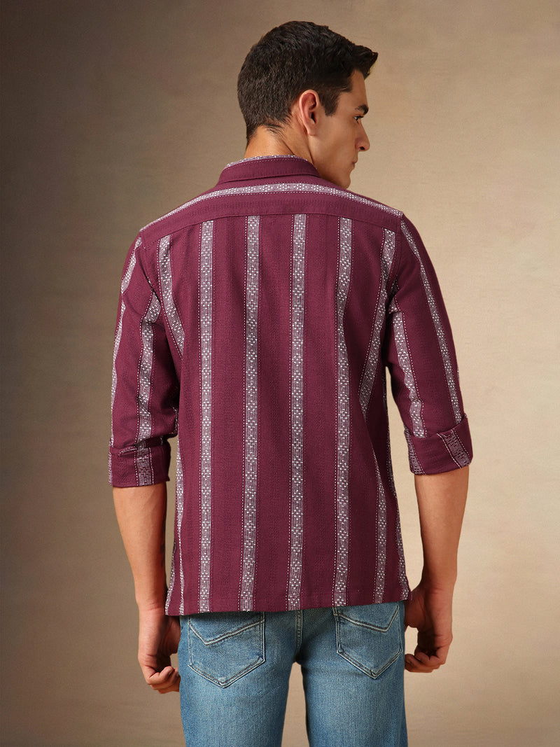 Men's Maroon Striped Spread Collar Full Sleeves Casual Shirt