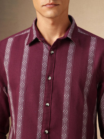 Men's Maroon Striped Spread Collar Full Sleeves Casual Shirt