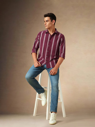 Men's Maroon Striped Spread Collar Full Sleeves Casual Shirt