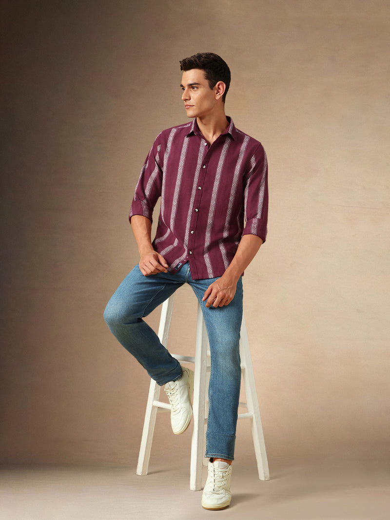 Men's Maroon Striped Spread Collar Full Sleeves Casual Shirt