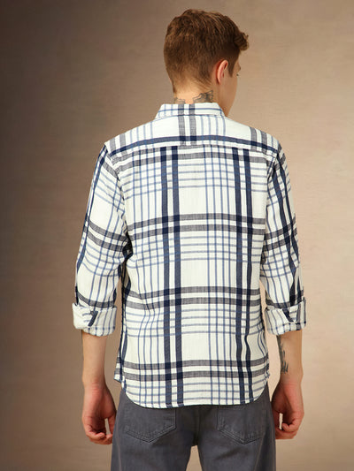 Men's White Checks Spread Collar Full Sleeves Shirt