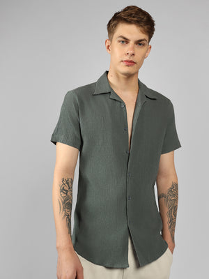 Men's Grey Textured Cuban Collar Half Sleeve Relaxed Shirt