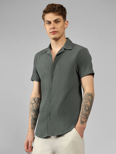 Men's Grey Textured Cuban Collar Half Sleeve Relaxed Shirt