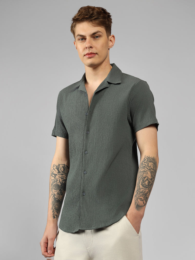 Men's Grey Textured Cuban Collar Half Sleeve Relaxed Shirt