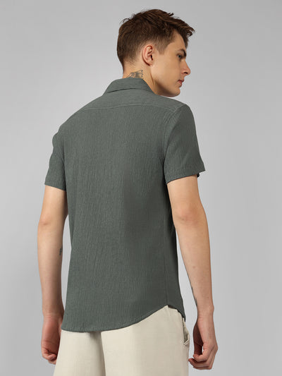 Men's Grey Textured Cuban Collar Half Sleeve Relaxed Shirt