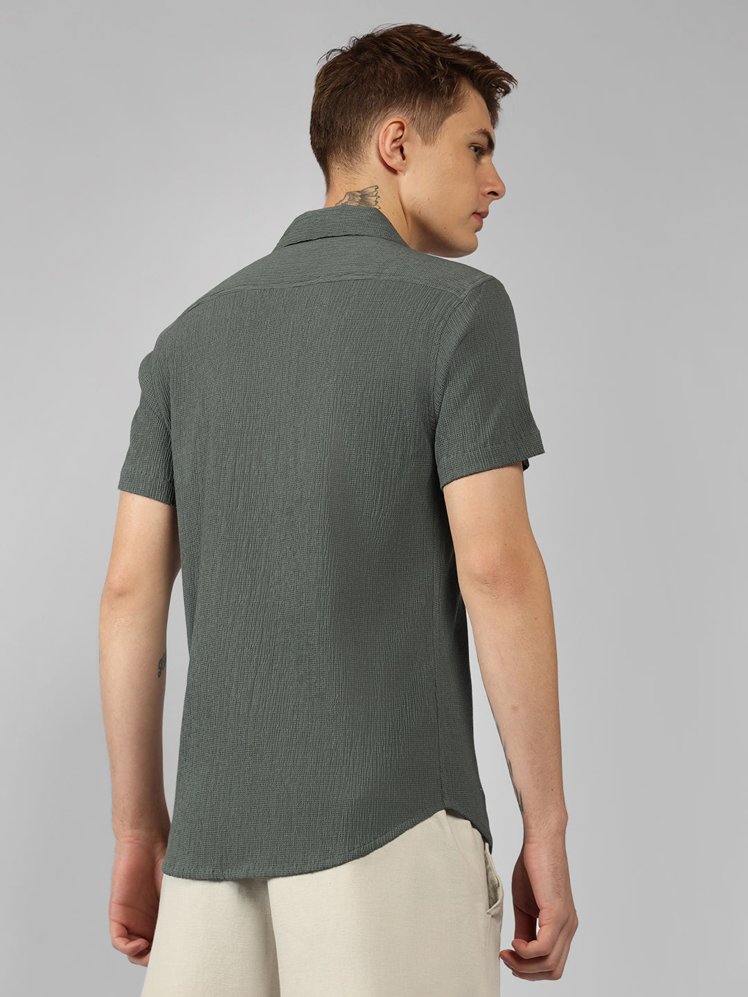 Men's Grey Textured Cuban Collar Half Sleeve Relaxed Shirt