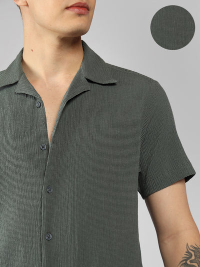 Men's Grey Textured Cuban Collar Half Sleeve Relaxed Shirt