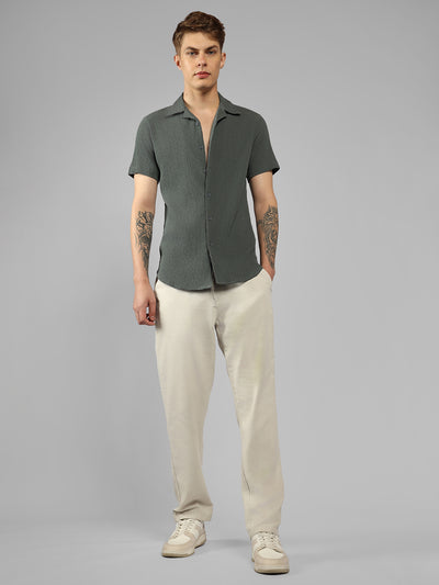 Men's Grey Textured Cuban Collar Half Sleeve Relaxed Shirt