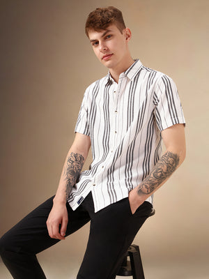 Men's White Striped Spread Collar Half Sleeves Polycotton Casual Shirt