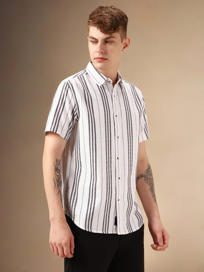 Men's White Striped Spread Collar Half Sleeves Polycotton Casual Shirt